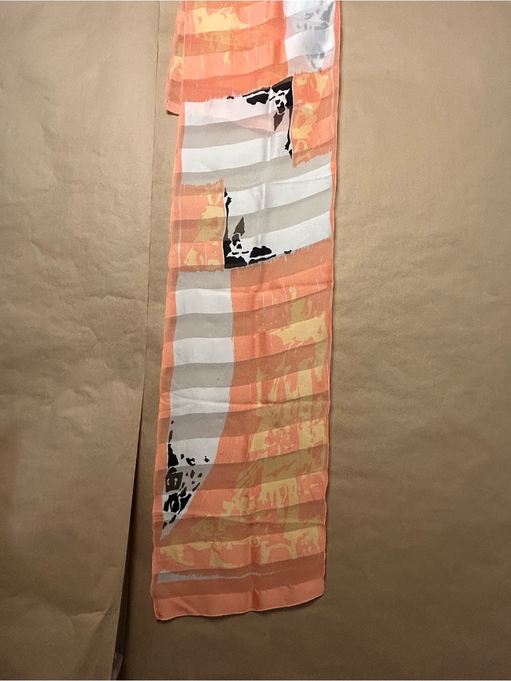 Abstract Orange Sheer Scarf Peach Gray Black Artsy Print Lightweight Long Scarf